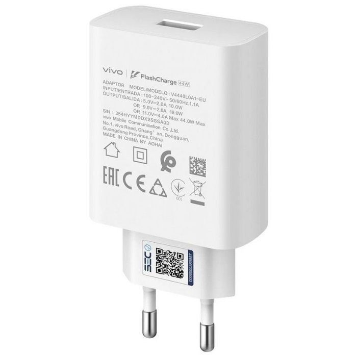 Vivo Cargador de Pared FlashCharger 44W Blanco - 5434820 - Modelos V40 SE 5G, V40 5G, V40 Lite 5G, Y28, V29 Lite 5G - Tecnología FlashCharge - 11V/4A Máx.